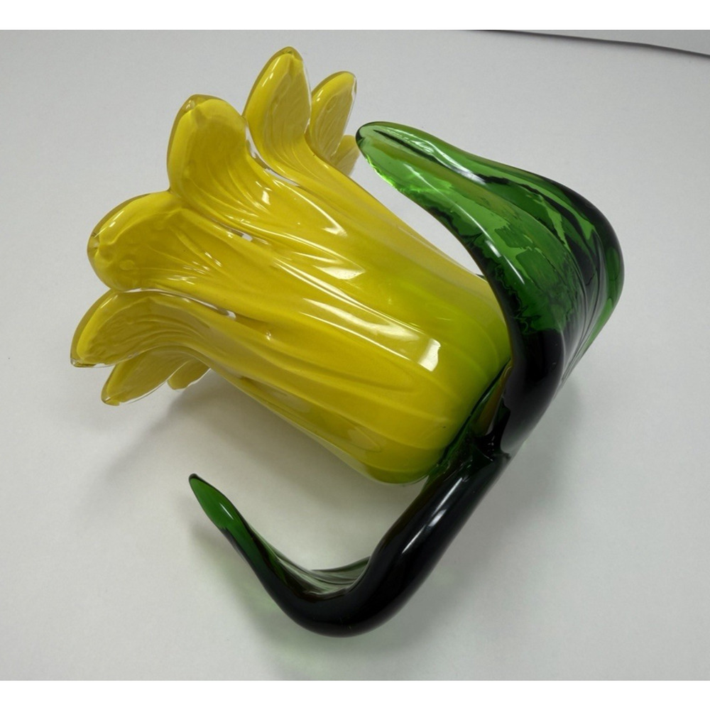 Hand Blown Art Glass Flower Candle Holder Yellow Green Vintage Art Deco - Picture 8 of 8